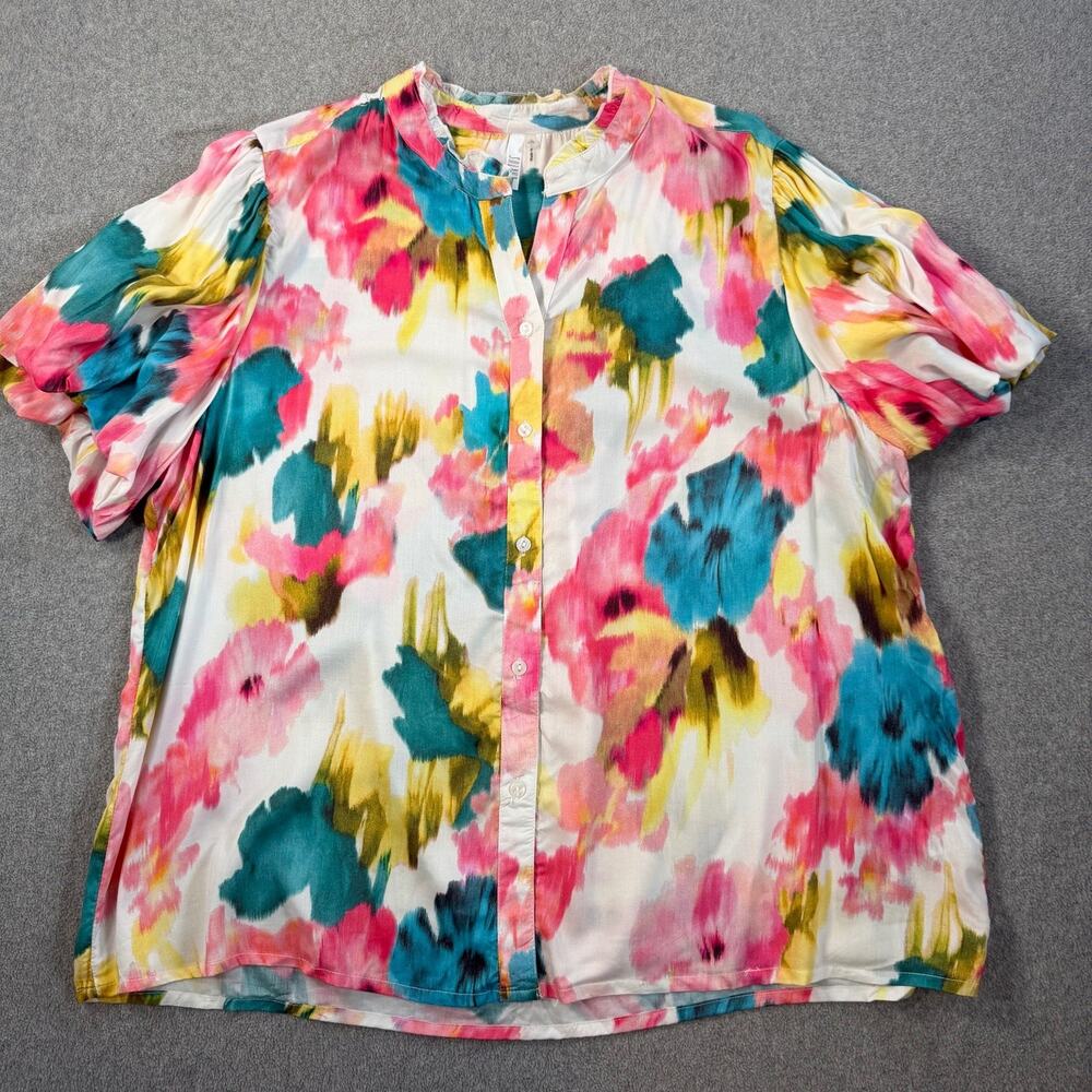 KAKTUS Women's XXL Multicolor Button Up Blouse Top Ruffle Collar Puff Sleeve